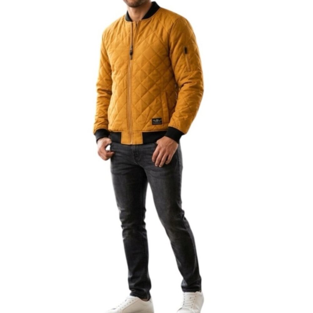 Marc Ecko Cut & Sew Yellow Quilted Hipster Retro Style Bomber Jacket Small